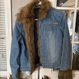 Men's Blue Denim Jacket with Faux Fur Trim